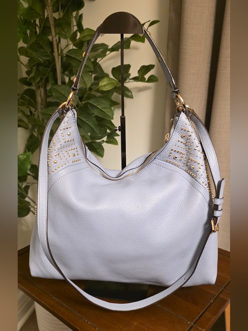 Michael Michael Kors Aria Studded Light Blue Leather Hobo Bag - Picture 4 of 10